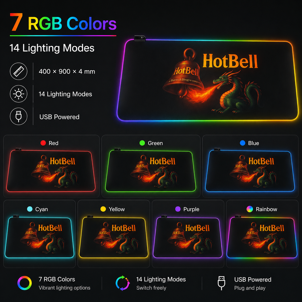HotBell RGB desk mat displaying seven RGB colors and 14 lighting modes with USB-powered edge lighting