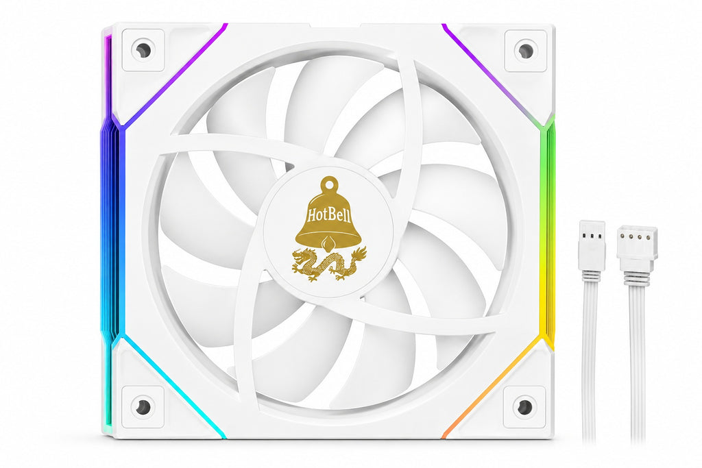 White HotBell 120mm ARGB PWM case fan with RGB edge lighting and included white connection cables on a white background.