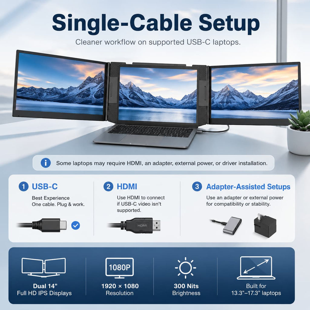 HotBell S8 Ultra Triple-Screen Laptop Extender Wholesale, Dual 14-Inch FHD IPS Monitors