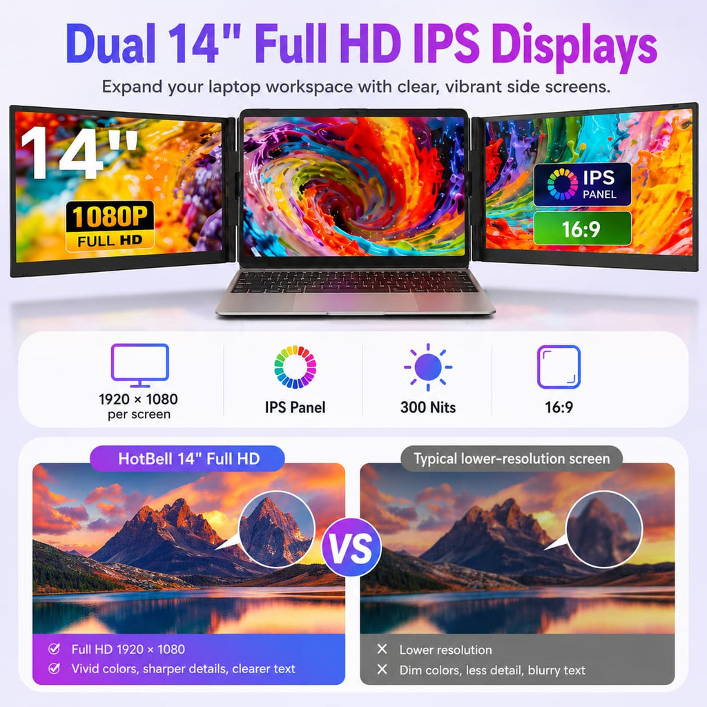 HotBell S8 Ultra Triple-Screen Laptop Extender Wholesale, Dual 14-Inch FHD IPS Monitors
