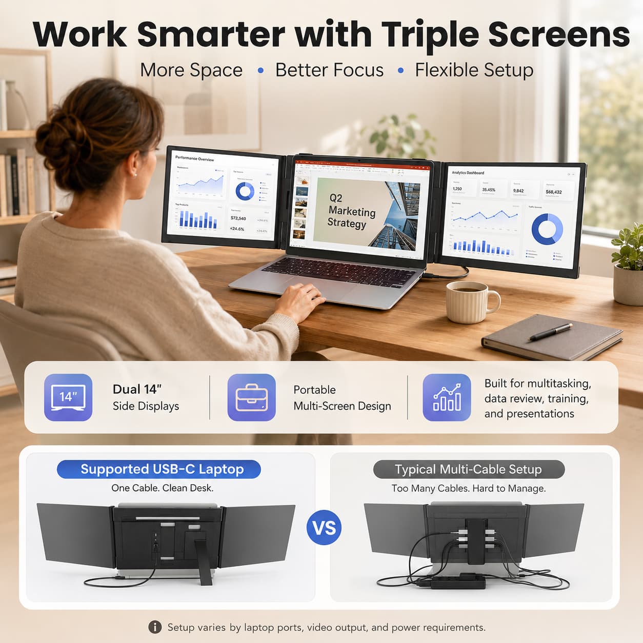 HotBell S8 Ultra Triple-Screen Laptop Extender Wholesale, Dual 14-Inch FHD IPS Monitors