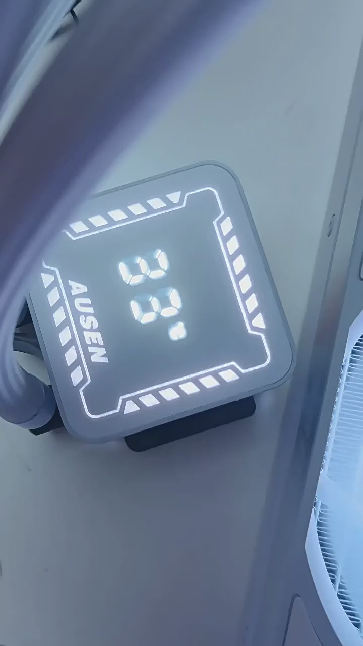 HotBell HB3XCF1 liquid CPU cooler digital display showing real-time temperature inside a desktop PC build
