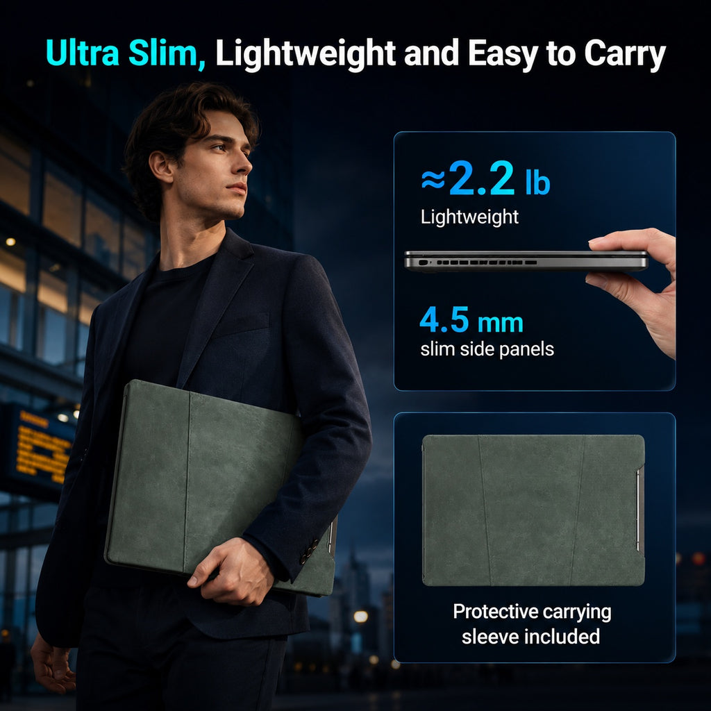 HotBell S8 Ultra portable laptop screen extender with 4.5mm slim side panels, approximately 2.2-pound design and included protective carrying sleeve.