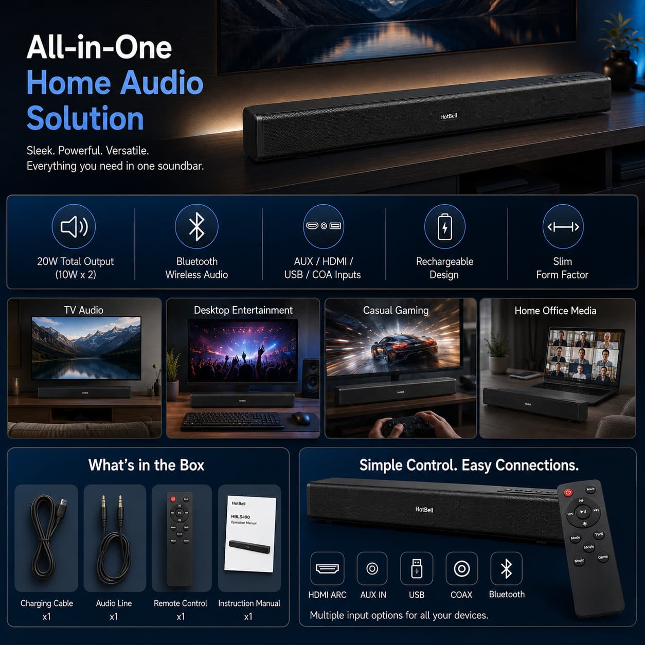 HotBell HBLS490 all-in-one soundbar with Bluetooth, HDMI ARC, USB, coaxial and AUX connectivity