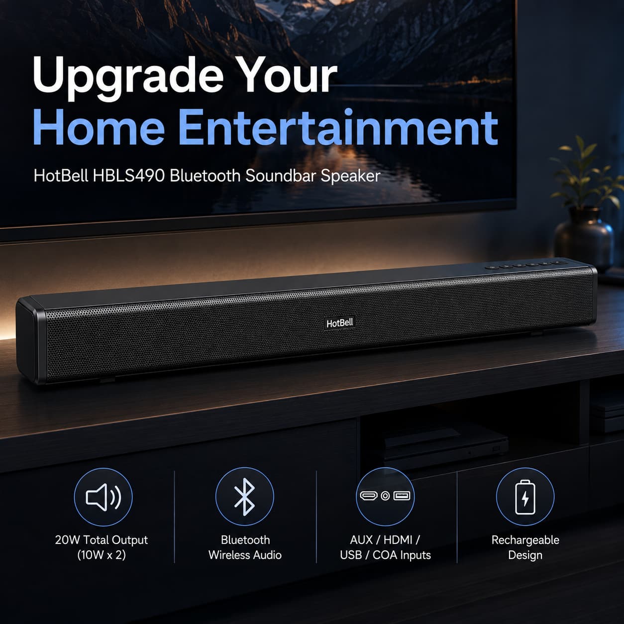 HotBell HBLS490 Bluetooth soundbar positioned below a TV in a modern home entertainment setup