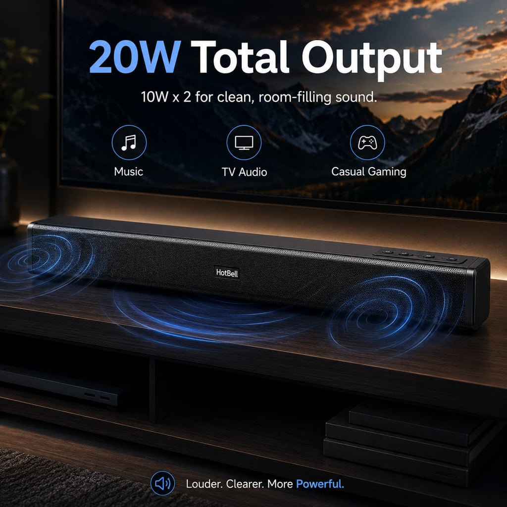 HotBell HBLS490 20W soundbar for TV audio, music and casual gaming in a home theater setup
