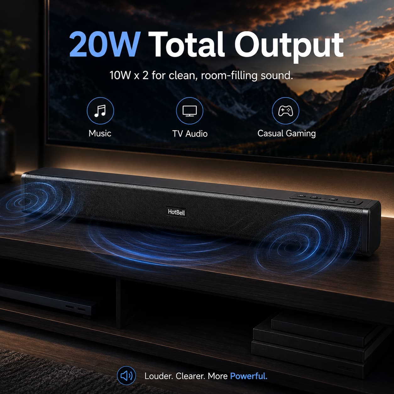 HotBell HBLS490 20W soundbar for TV audio, music and casual gaming in a home theater setup