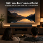 HotBell HBLS490 slim soundbar placed below a wall-mounted TV in a modern living room