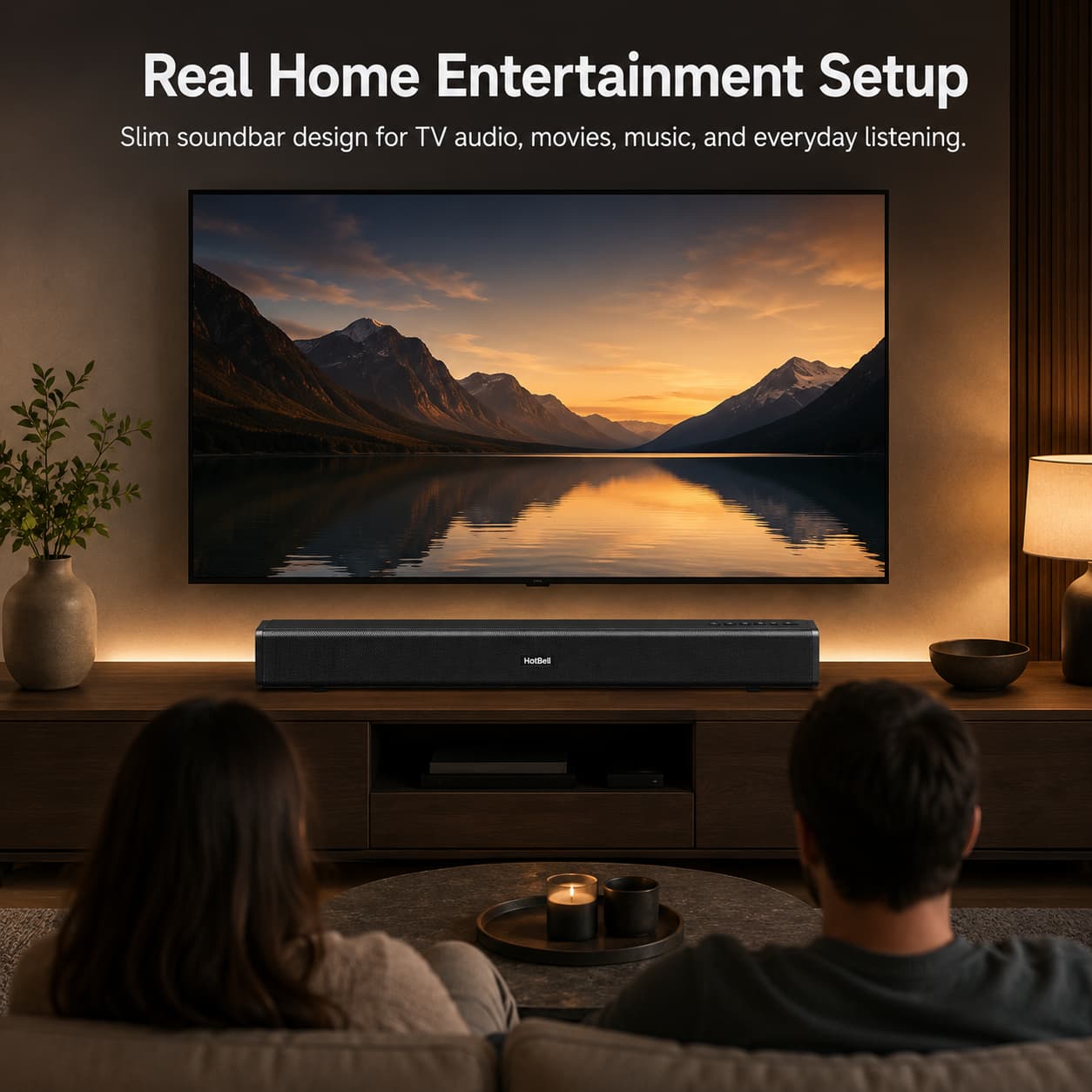 HotBell HBLS490 slim soundbar placed below a wall-mounted TV in a modern living room