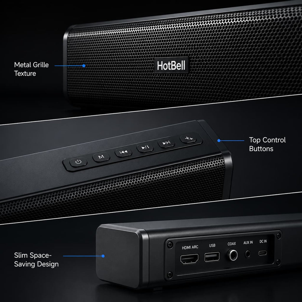 HotBell HBLS490 soundbar close-ups showing metal grille, top control buttons and rear input ports