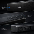 HotBell HBLS490 soundbar close-ups showing metal grille, top control buttons and rear input ports