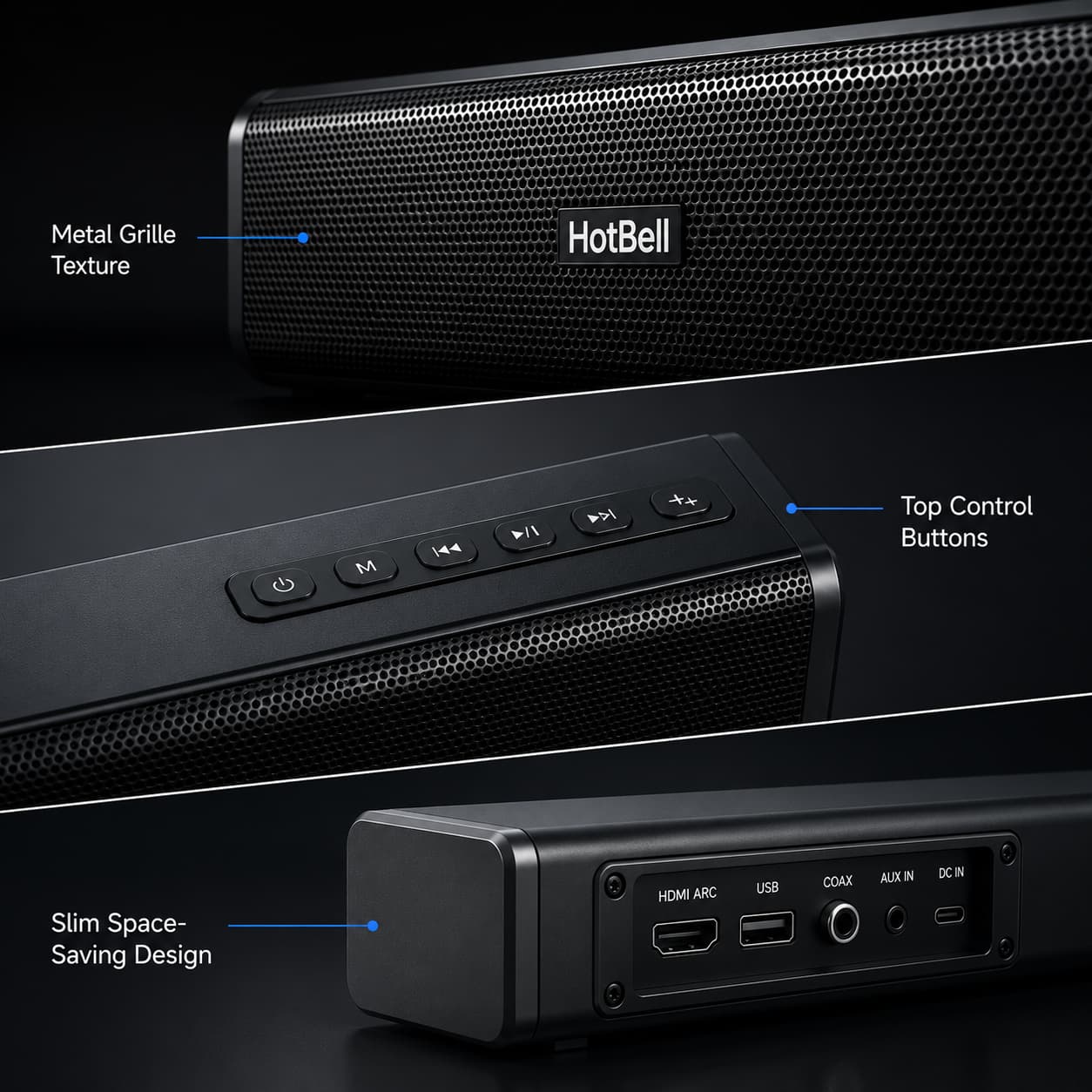 HotBell HBLS490 soundbar close-ups showing metal grille, top control buttons and rear input ports