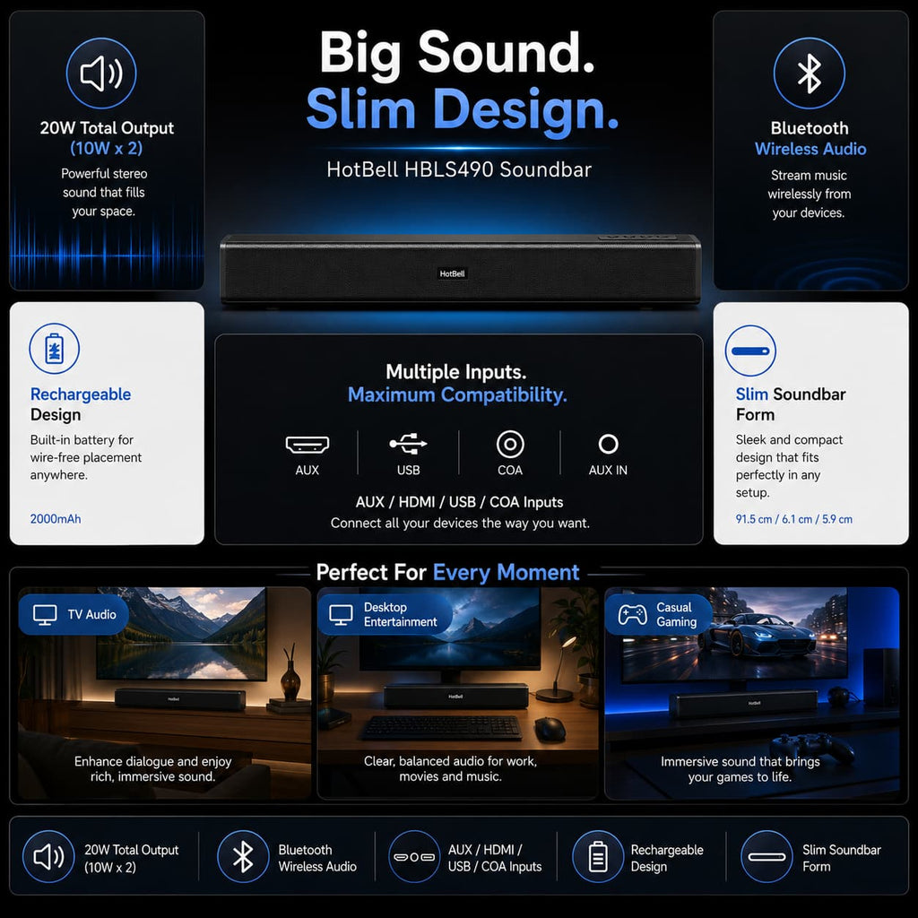 HotBell HBLS490 rechargeable Bluetooth soundbar with 20W output, multiple inputs and slim design