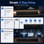 Three-step setup guide for HotBell HBLS490 soundbar using Bluetooth, HDMI ARC, USB, coaxial or AUX
