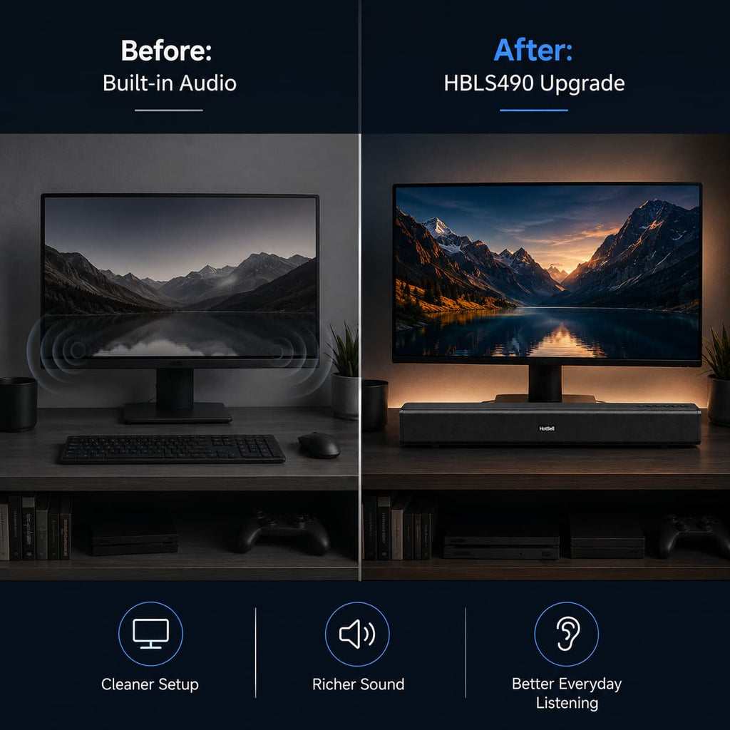 Before-and-after comparison showing a desktop monitor upgraded with the HotBell HBLS490 soundbar