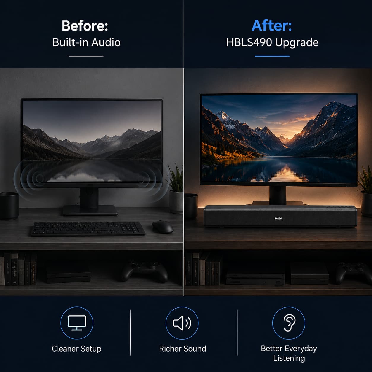 Before-and-after comparison showing a desktop monitor upgraded with the HotBell HBLS490 soundbar