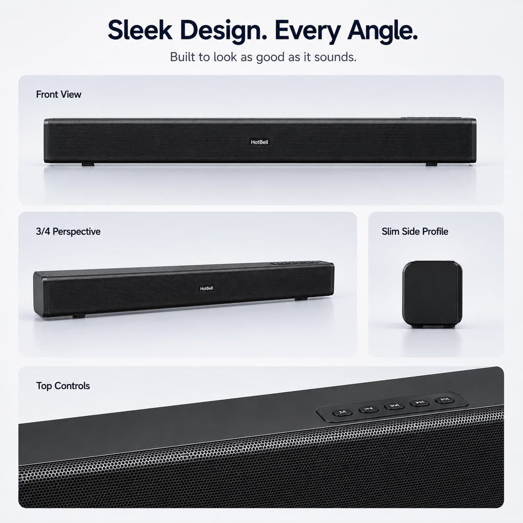 HotBell HBLS490 black soundbar shown from front, angled, side and top-control views