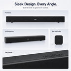 HotBell HBLS490 black soundbar shown from front, angled, side and top-control views