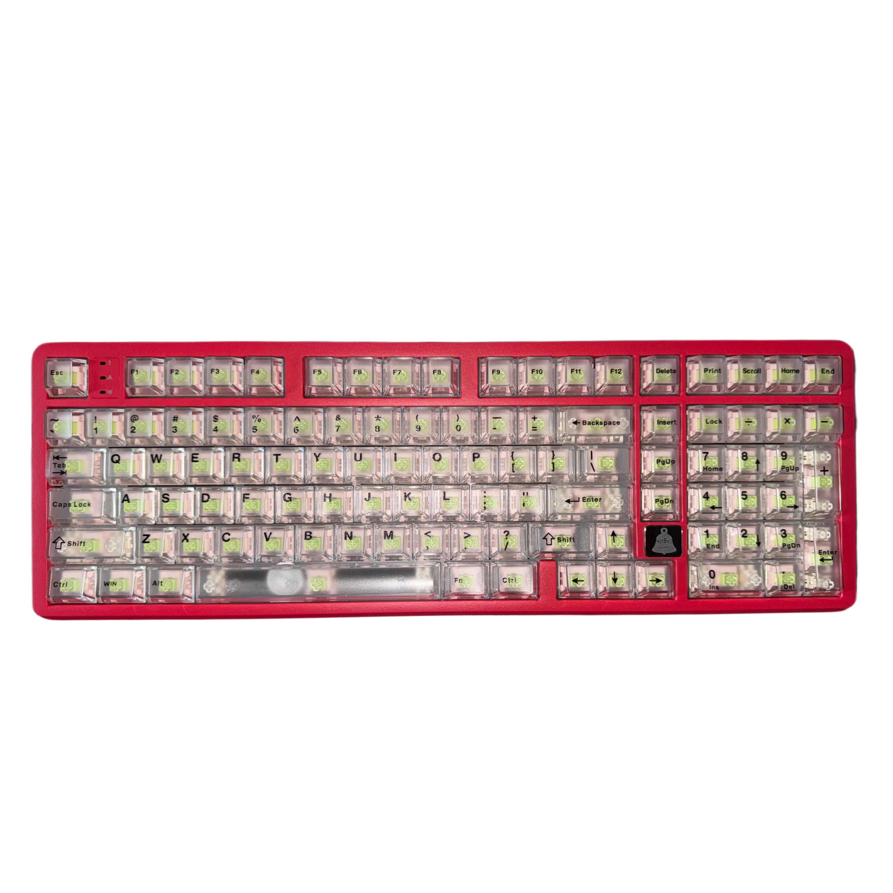 HotBell FireStrike Pro red 101-key mechanical keyboard with transparent keycaps on a white background